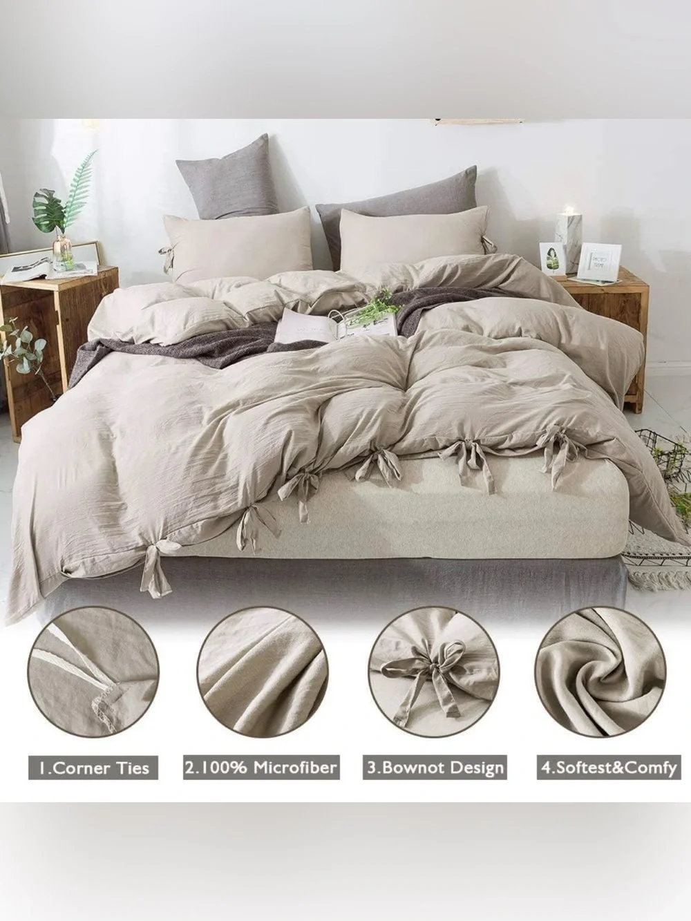 Soft Khaki Microfiber Bowknot Duvet Cover- No Comforter Included.